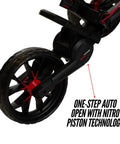 Close-up of Nitron Golf Push Cart With Auto Open Technology and Top Lok System wheel showing Nitro-Piston technology mechanism.