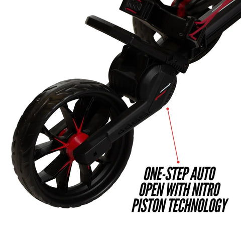 Close-up of Nitron Golf Push Cart With Auto Open Technology and Top Lok System wheel showing Nitro-Piston technology mechanism.