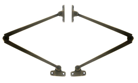Heavy Gauge Solid Brass Lid Stays Kickstand Set With Rich Bronzed Finish, viewed from above, showing full pivot design.