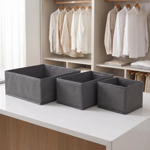 Super Sturdy Foldable Drawer Clothing Organizer Set Eight Piece Gray Fabric Wardrobe Dividers arranged on a table