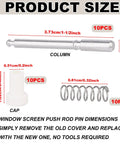 Dimensions of 10 Piece Window Screen Plunger Latches With White Caps Aluminum Retainer Pins hardware components and sizes.