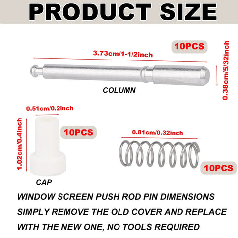 Dimensions of 10 Piece Window Screen Plunger Latches With White Caps Aluminum Retainer Pins hardware components and sizes.
