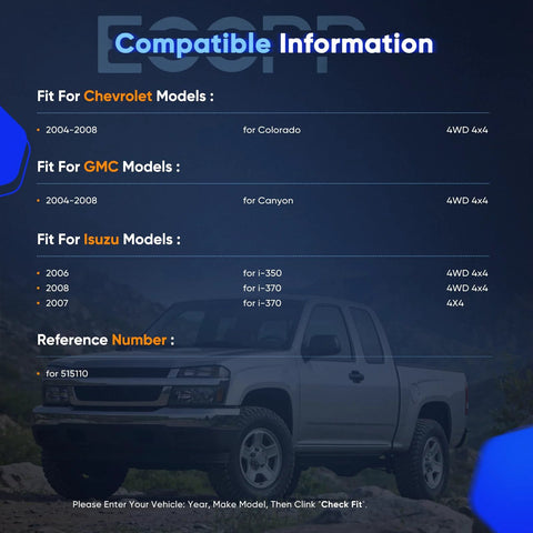 Compatibility information for Chevy Colorado, GMC Canyon, Isuzu models with image of a truck, 4WD 4x4 specifications shown.