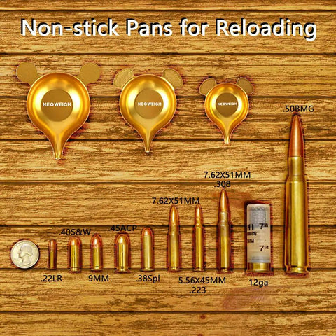 Reloading Powder Pans With Narrow Pour Spout Anti Static Aluminum Scale Tray Non Stick Gold Dish For Precise Measuring And Easy Pouring Pouring For Consistent Powder Drops And Clean Reloads Everyday, three sizes with ammo calibers