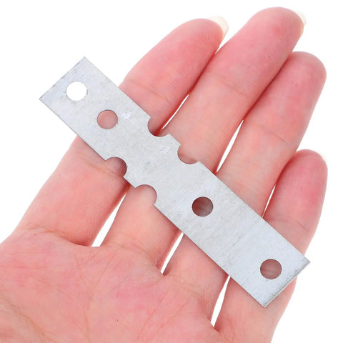 Close-up of a beefed up heavy duty joining plate for wooden door frames, iron metal plate with holes for effortless installation.