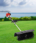 Gas Powered Handheld Sweeper Broom For Lawn Cleanup 52cc 2 Stroke Engine Two Point Three HP Portable Gasoline Powered Sweeping Machine With Fuel Tank Built To Last Durable ABS Aluminum Build Easy Start And Debris Removal on grass