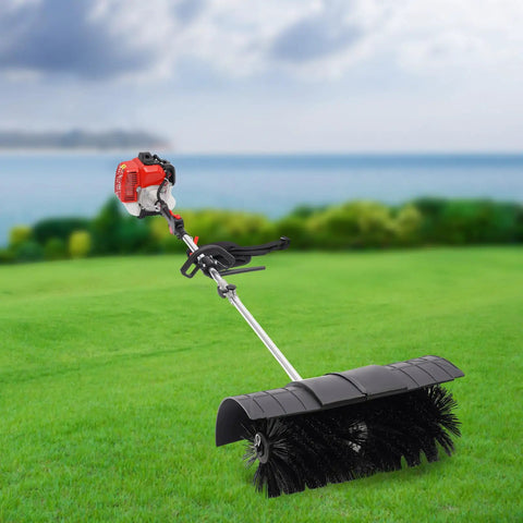 Gas Powered Handheld Sweeper Broom For Lawn Cleanup 52cc 2 Stroke Engine Two Point Three HP Portable Gasoline Powered Sweeping Machine With Fuel Tank Built To Last Durable ABS Aluminum Build Easy Start And Debris Removal on grass