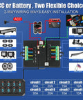 8 Gang RGB Switch Panel With 5 Level Brightness Button For Universal Automotive Circuit Control Relay Car Touch LED System Box Easy Install No Drilling Centralized Control For 8 Devices Weather Resistant Seamless Cable Management diagram showing installation and connections