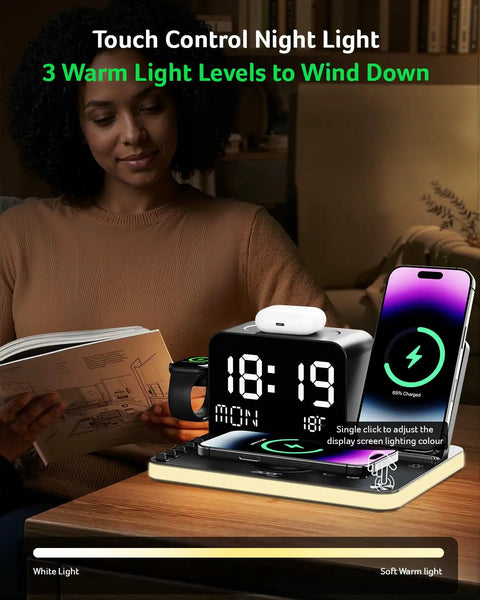 Seven In One Wireless Charging Station For Apple Devices All In One Stand With 30W Fast Charge on desk beside woman reading