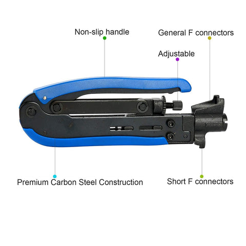 Heavy Duty Coax Cable Crimp Tool Kit With Rotating Head For RG6 RG11 RG59 F Connectors, Adjustable Pressure, blue handle