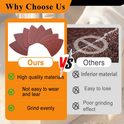 Comparison of 114 Pcs Pro Grade Oscillating Tool Sanding Pads Kit showing quality advantages over inferior materials.