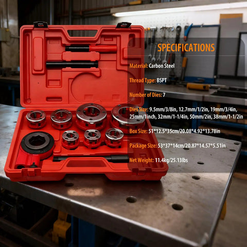 Pro Grade 7 Piece Pipe Threading Kit With Tap And Die Set Including 3/8, 1/2, 3/4, 1, 1-1/4, 1-1/2 And 2 Inch Dies in red case