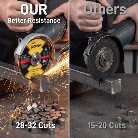 Comparison of 4.5 inch cut off wheels on angle grinders showing durability and performance for metal cutting.