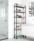 Slim Rolling Storage Cart With Wheels, 6-Tier Narrow Black Shelf On Casters in a bathroom with toiletries.
