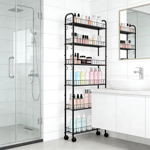 Slim Rolling Storage Cart With Wheels, 6-Tier Narrow Black Shelf On Casters in a bathroom with toiletries.