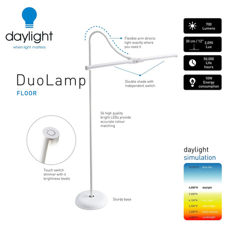 Duolamp Floor Lamp With Dual Heads, Standing Lamp For Living Room, Bedroom, Office, Touch Control, Flexible Arm, Sleek Modern Design, Multipurpose, Four Brightness Levels, 10W LED features diagram with adjustable arms and touch control.