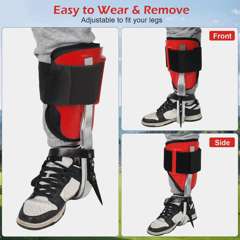 Close-up of Pro Grade Tree Climbing Spikes Kit with Adjustable Steps, showing front and side view on leg, red and black design.