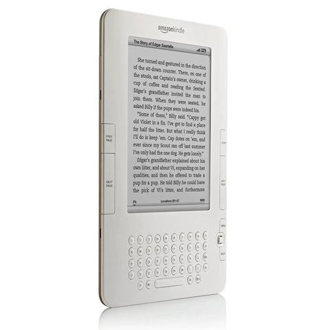 Sleek White Second Gen Ereader features a sharp six inch screen displaying text, designed for easy reading anywhere.