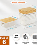 Stackable Plastic Storage Baskets With Bamboo Lids 6 Pack For Easy Organization On Shelves Drawers Desks Closets Playrooms And Classrooms BPA Free Durable Lightweight shown with dimensions.