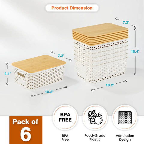 Stackable Plastic Storage Baskets With Bamboo Lids 6 Pack For Easy Organization On Shelves Drawers Desks Closets Playrooms And Classrooms BPA Free Durable Lightweight shown with dimensions.