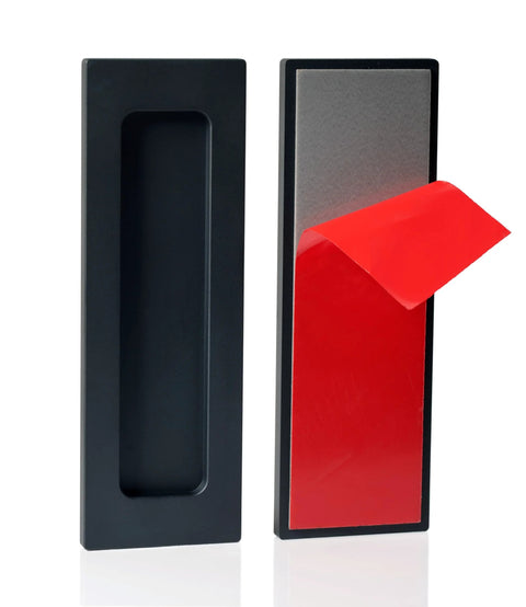 6 Inch Finger Flush Pulls For Closet Pocket And Sliding Barn Door Handle Set With Rectangular Plate Recessed Pull Matte Black Finish 3M Adhesive Included 2 Pack