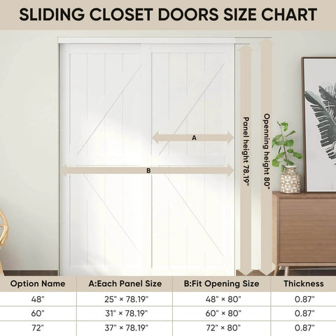 Double 72 Inch By 80 Inch K Style Sliding Closet Door With Hardware Kit And Matching Fascia, size chart displayed
