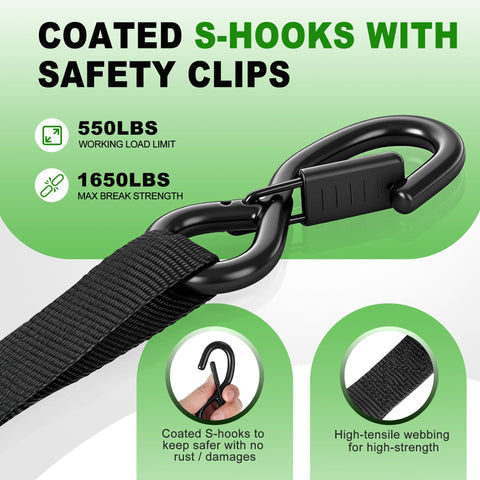 Retractable Ratchet Straps 4 Pack 1 Inch By 10 Feet Self Retracting with S-hooks and safety clips, 1650 lb break strength
