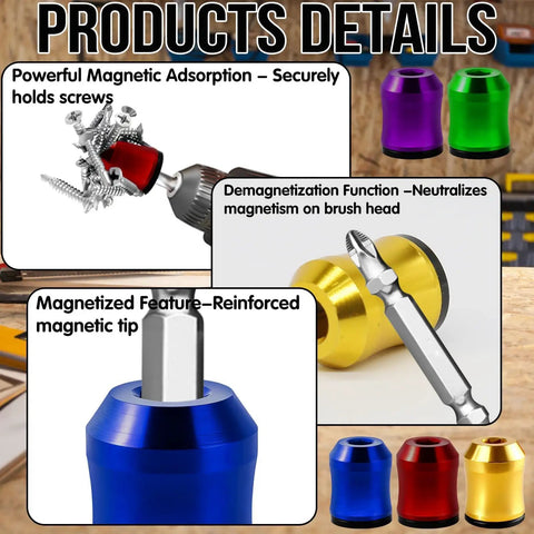 Magnetic Screwdriver Head Ring Set With Universal Bit Holder showing powerful magnetic adsorption and various colored rings.