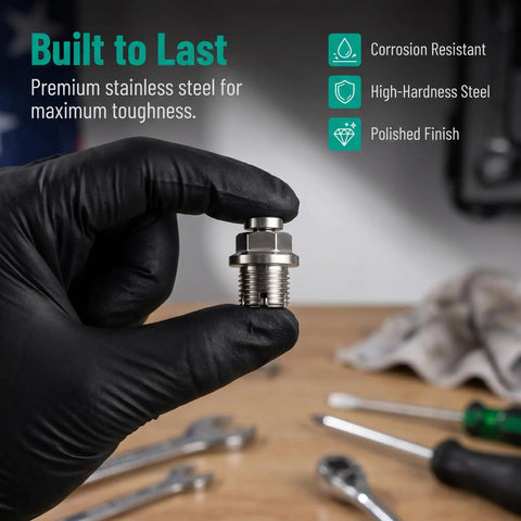 Fix Those Strip Thread Blues Fast With This Super Duper Oversize Piggyback Oil Drain Plug Repair Kit In Smooth Stainless Steel, Includes O Ring And Hex Wrench stainless repair plug in gloved hand