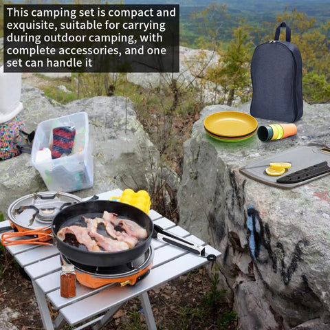 Outdoor setup with All In One Camping Kitchen Set With Stainless Steel Tongs Slotted Spatulas Spoons Chef Knife Kitchen Shears