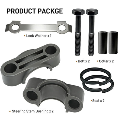 Heavy Duty Steering Stem Bushing And Collar And Seal Washer Kit For Yamaha ATVs including bolts, collar, seals, washers.