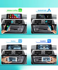Wireless CarPlay Android Auto Retrofit Kit Decoder Box for BMW NBT System showing smartphone integration with BMW dashboard.