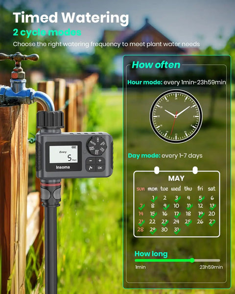 No Fuss Easy Set And Forget Outdoor Hose Faucet Timer With Rain Delay installed on garden faucet showcasing timer settings