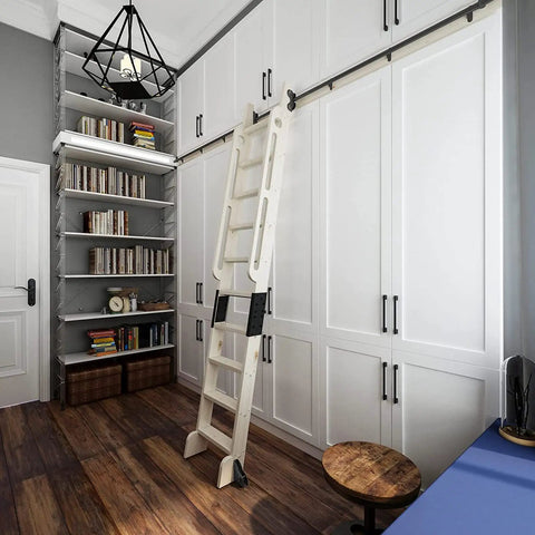 Heavy Duty Wrought Iron Sliding Library Ladder Track Hardware Kit Runs Buttery Smooth With Top Roller Pulleys And Floor Guide Wheels Built Tough As Nails For Wall Mount Bookshelf Storage Nine Point Eight Foot