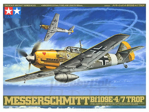 1:48 Scale WWII Messerschmitt Bf 109E-4/7 Trop Model Kit With Realistic Square Canopy And E-7 Drop Tank Rack packaging art