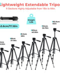 64 Inch Camera And Tablet Tripod With Remote For iPad And iPhone shown at various heights, aluminum alloy legs