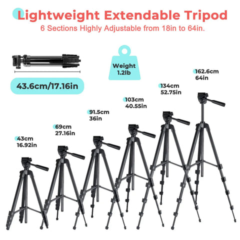 64 Inch Camera And Tablet Tripod With Remote For iPad And iPhone shown at various heights, aluminum alloy legs