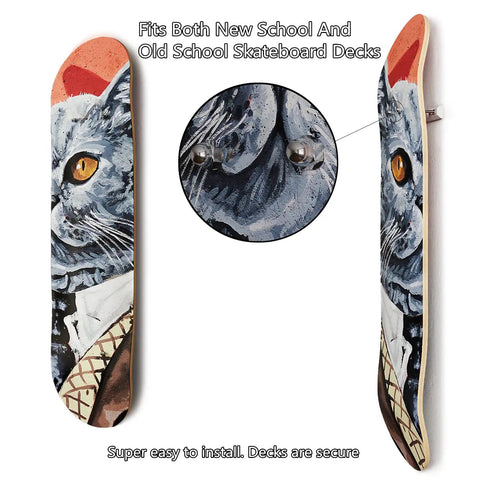 Dual skateboard decks on wall mount for hanging showing off board fits most decks with 1.625 inch truck holes easy install art