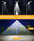 JUDYSSY Solar Street Lights Outdoor Remote Control, 2400W High Brightness Dusk to Dawn Led Lamp, IP65 lights showing dim and bright modes.