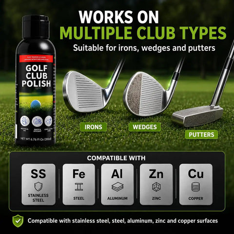 Three In One Golf Club Polish And Cleaner For Irons Wedges And Putters Keep Your Clubs Looking Fresh Restore Shine Clean Grooves Remove Rust Scuffs Stains And Oxidation On Stainless Steel Aluminum And Zinc 6.76 Fl Oz bottle and club types