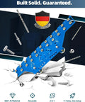 2 In 1 11-Hole Shelf Pin Jig And Concealed Hinge Drilling Guide with metal components on cracked surface, German design badge