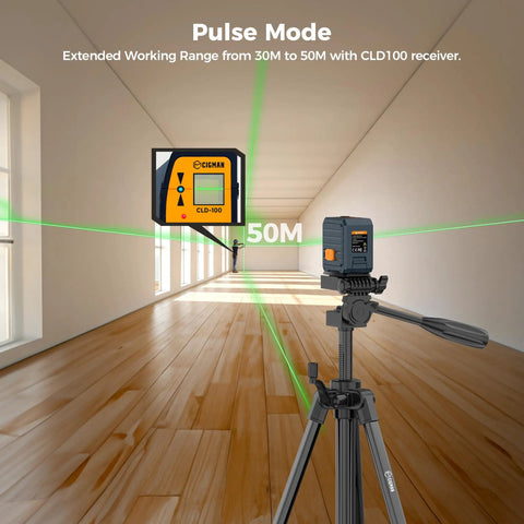 Laser Level With Tripod For DIY And Pro Jobs, Self Leveling Line Laser Reaches 100 Ft, Four Brightness Modes, 360 Degree Rotation, Adjustable 36.6 Inch Tripod For Floor Or Table Setup shown with receiver and 50M pulse mode
