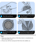 Instructions for using 10pcs Shower Drain Hair Catcher Mesh Stickers, Square; drying, peeling, and positioning process.