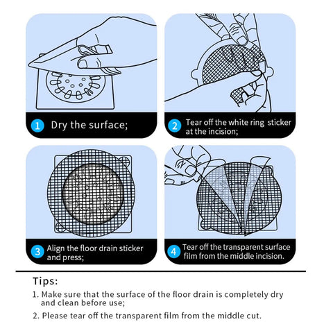 Instructions for using 10pcs Shower Drain Hair Catcher Mesh Stickers, Square; drying, peeling, and positioning process.