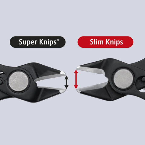 Close-up comparison of Sleek 6 Inch Slim Zip Tie Pliers with slick flush cutting action and asymmetrical handles.