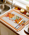 Autumn Thanksgiving Dish Drying Mat Must Have For Kitchen Counter Orange Pumpkin Pattern With Sage Green Wood Grain 18 x 24 Inch Pad
