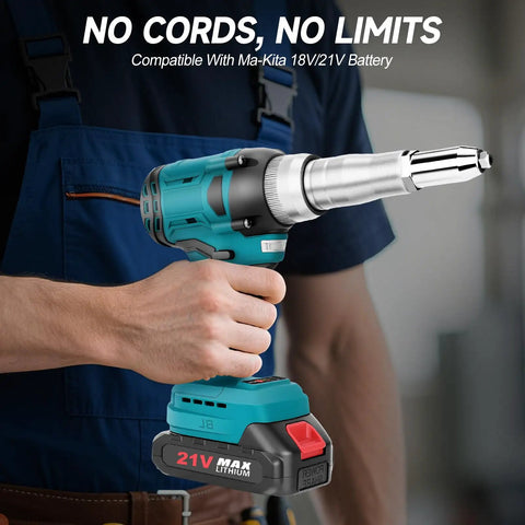 Camxtool Cordless Rivet Gun, Brushless Electric Pop Riveter Kit With Automatic Trigger, Power Tool held in hand.