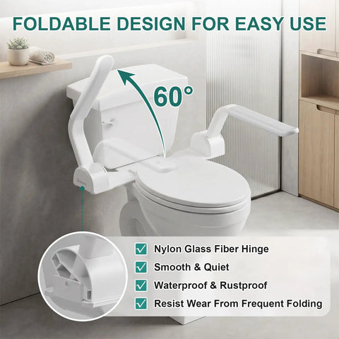 Rock Solid White Toilet Safety Rails With Heavy Duty Non Slip Handles For Seniors And Mobility Aid Bathroom Assist Support Grab Bar easy foldable design at 60 degrees.