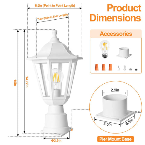 Outdoor Post Light With Pier Mount Base Waterproof White Lamp Post Fixture shown with dimensions and components