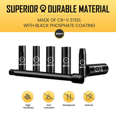 Three Eighths Inch Drive Deep Impact Socket Set Kit With 16 Piece Metric Sockets 7 To 22mm Including 3 Inch And 6 Inch Extension Bars 6 Point Design Chrome Vanadium Steel Heavy Duty Storage Case, showing sockets and extension bar.